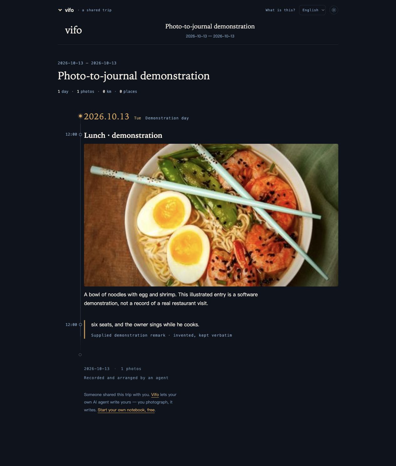 Actual local Vifo reader page showing the saved demonstration photo, timeline and original remark