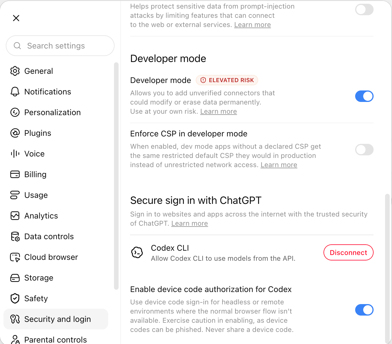 ChatGPT settings, Security and login, with the Developer mode switch on