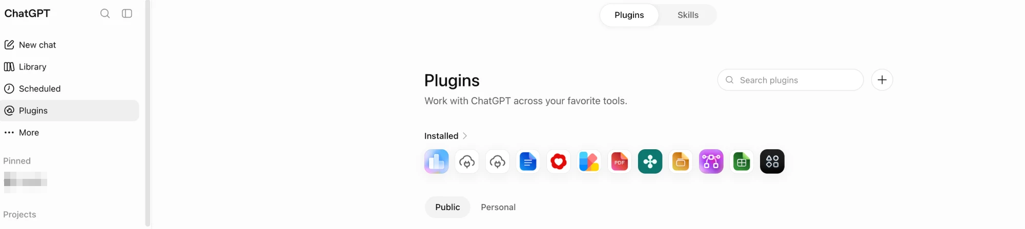 The ChatGPT Plugins page with the + button next to the search box