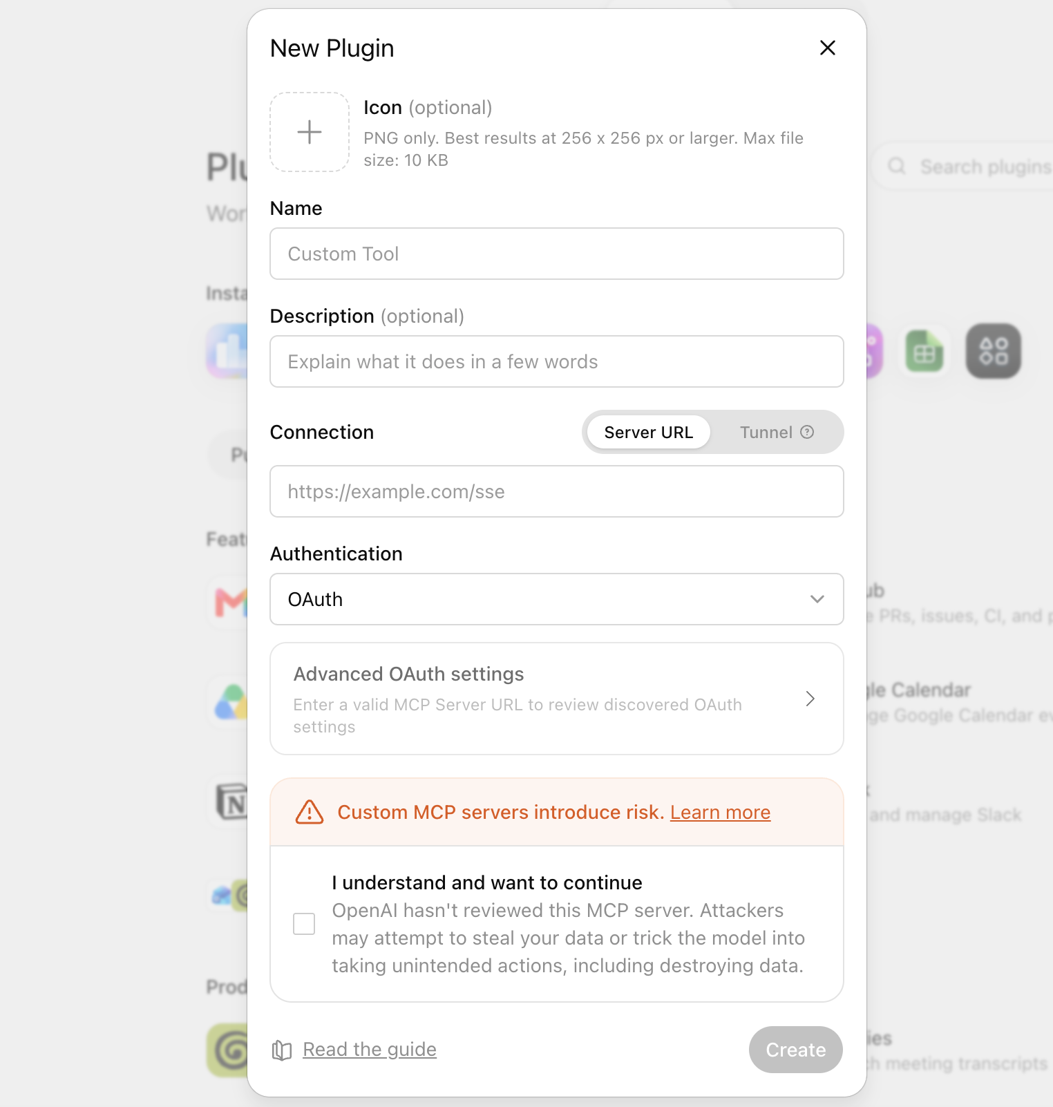 The New Plugin dialog with the Name and Server URL fields, OAuth authentication and the risk checkbox