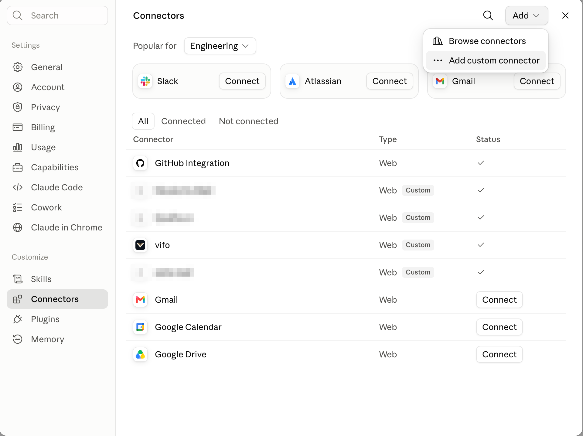 Claude settings, Connectors section, with the Add menu open and Add custom connector highlighted