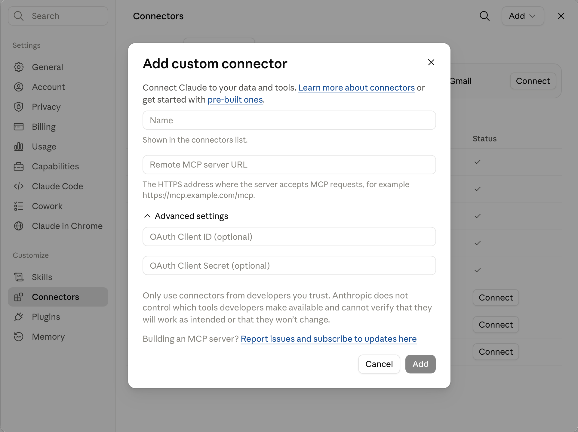 The Add custom connector dialog with the Name and Remote MCP server URL fields